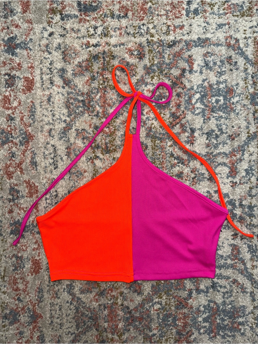 Colorblock Halter Crop Top - Orange & Pink